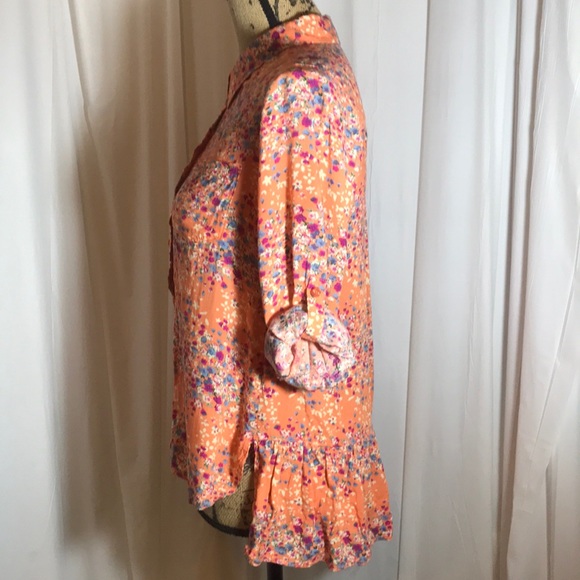 Ezra Floral Hi-Lo Ruffle Back Button Down Blouse S - Picture 2 of 6